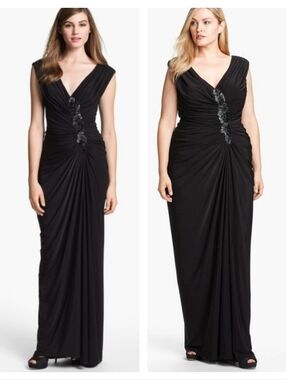 Tadashi Shoji Ruched Beaded Goddess Gown Black XL